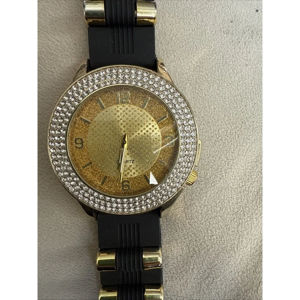 Unisex Watch Luxury‎ Hip Hop Full Iced Face Gold Finished Black   Band  4303
